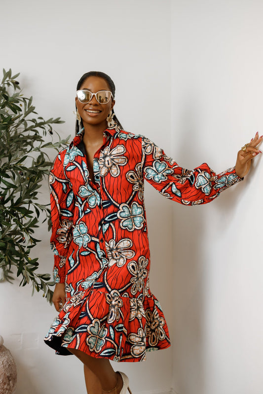 JUMOKE AFRICAN PRINT RUFFLE HEM SHIRT DRESS