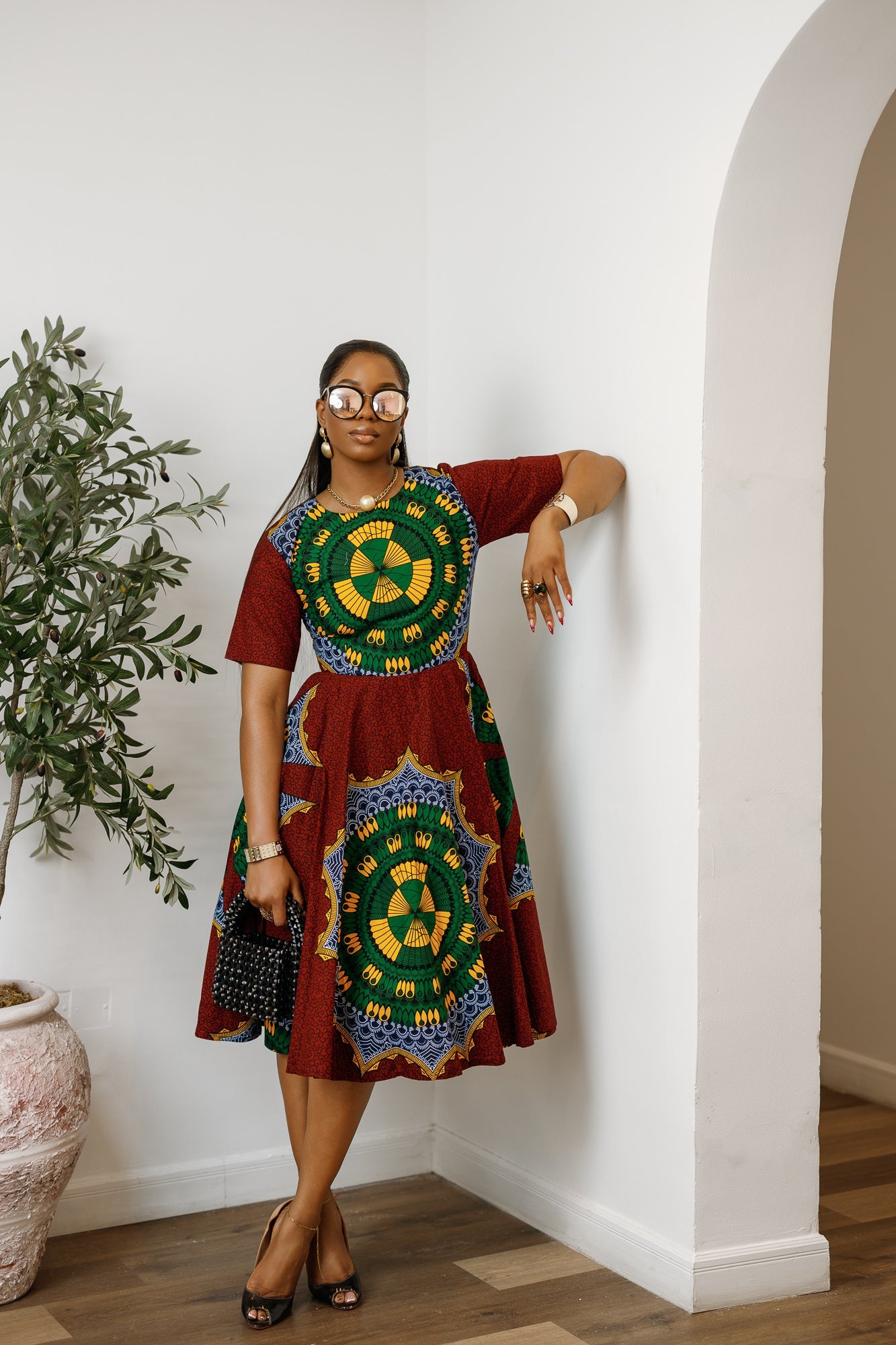 MARIAMA AFRICAN PRINT MIDI DRESS [GREEN]