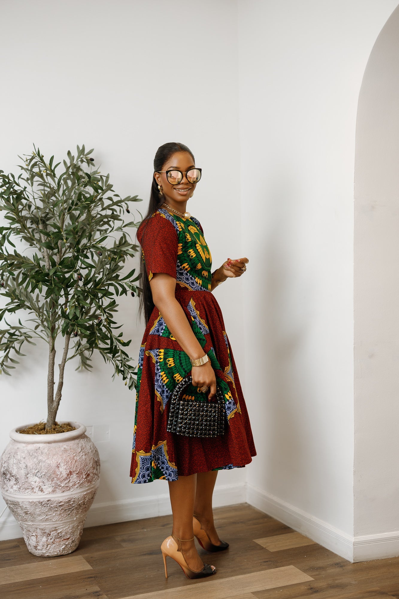 MARIAMA AFRICAN PRINT MIDI DRESS [GREEN]