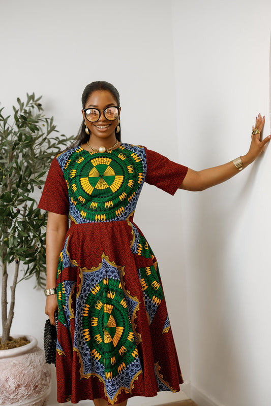 MARIAMA AFRICAN PRINT MIDI DRESS [GREEN]