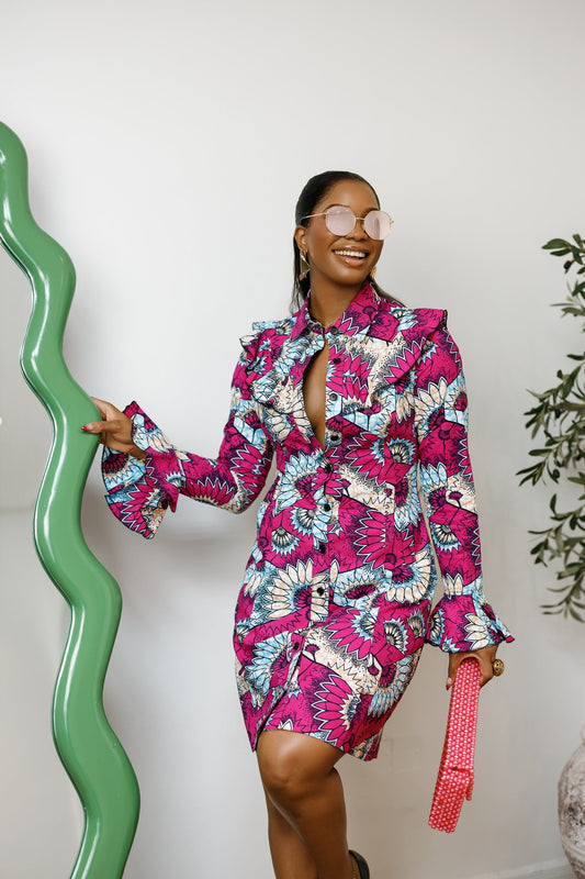 RERE AFRICAN PRINT BUTTON FRONT SHIRT DRESS