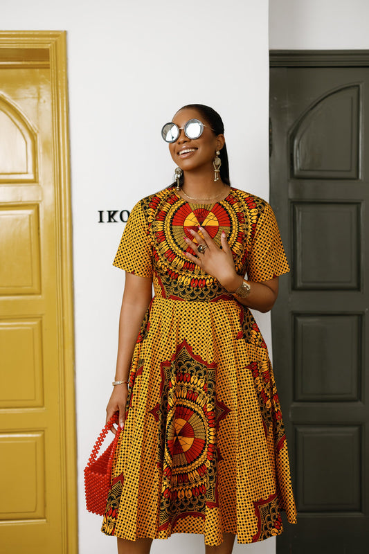 MARIAMA AFRICAN PRINT MIDI DRESS [ORANGE]