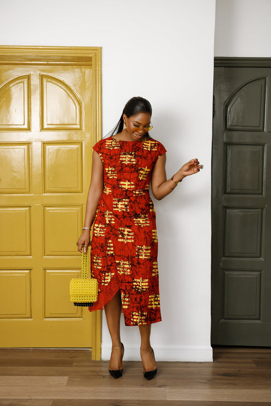 VICTORIA AFRICAN PRINT CAP SLEEVE MIDI DRESS