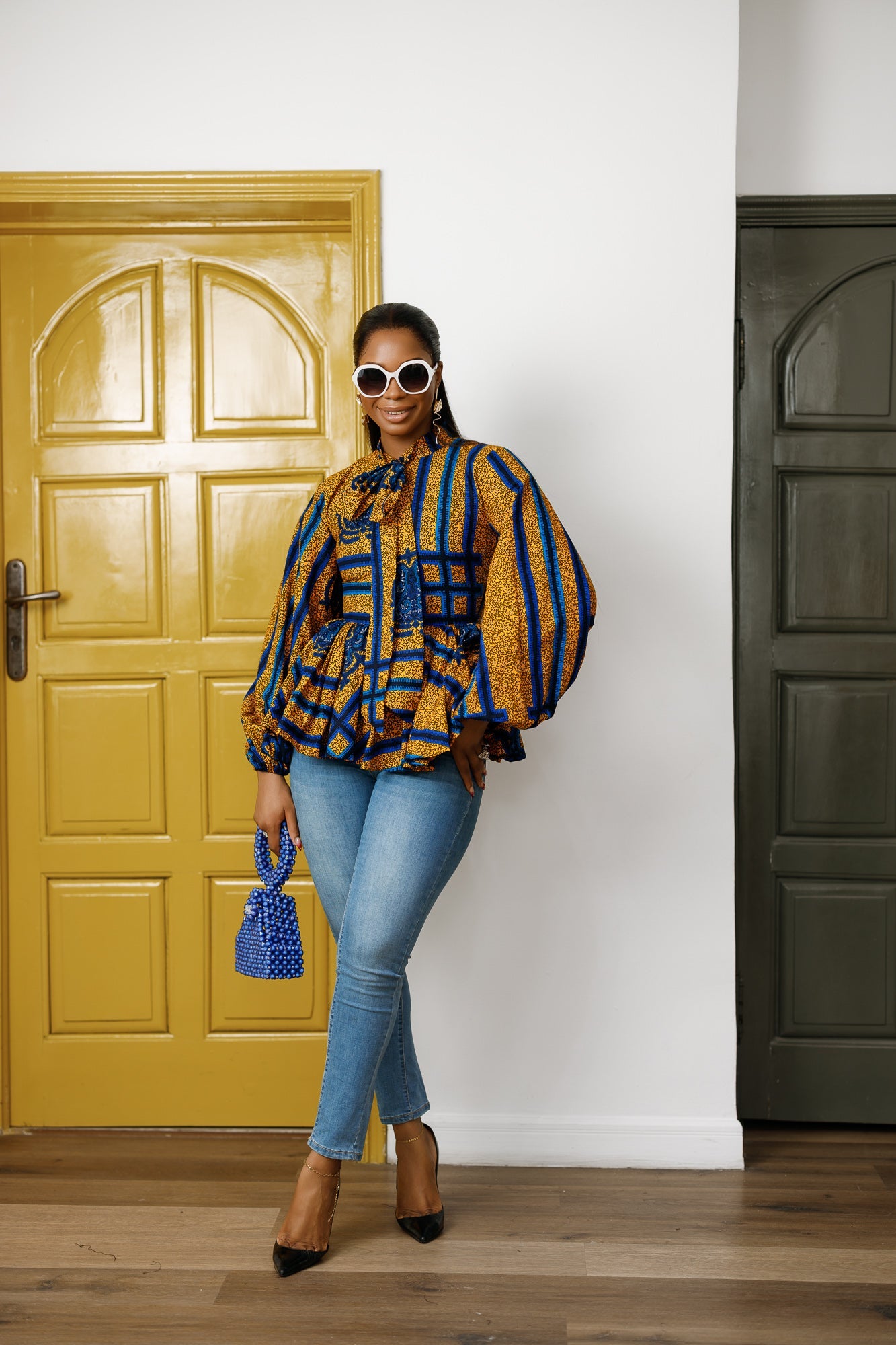 BIBI AFRICAN PRINT TIE NECK PEPLUM TOP [BLUE]
