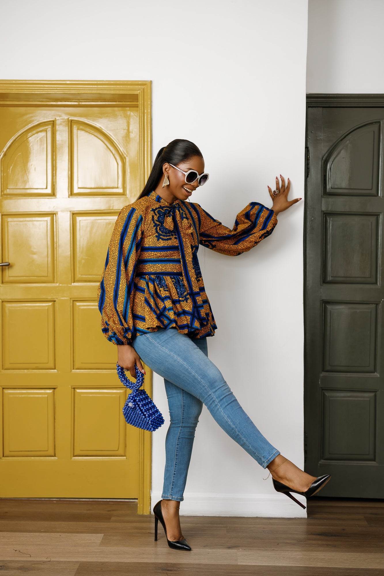 BIBI AFRICAN PRINT TIE NECK PEPLUM TOP [BLUE]