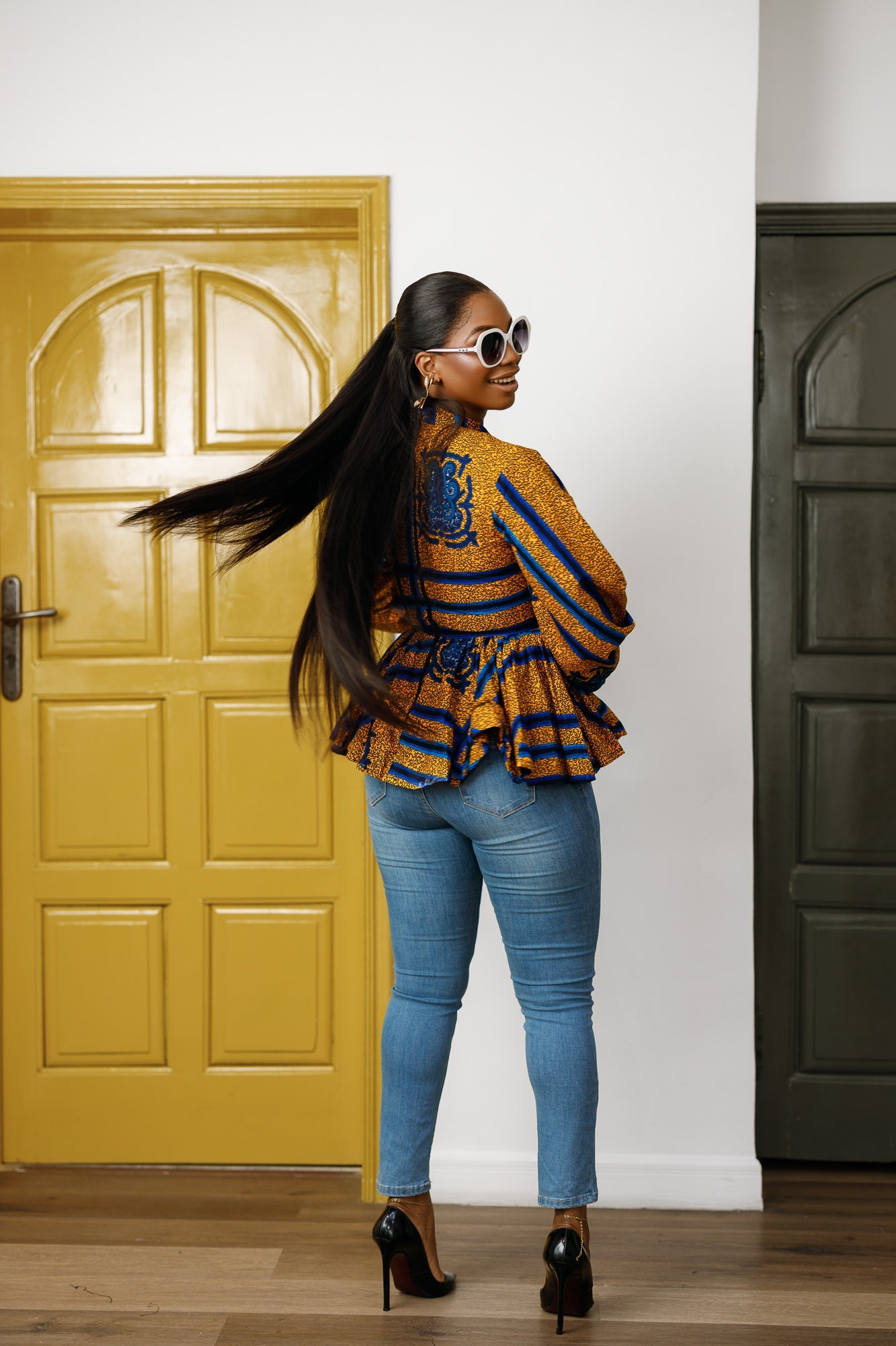 BIBI AFRICAN PRINT TIE NECK PEPLUM TOP [BLUE]
