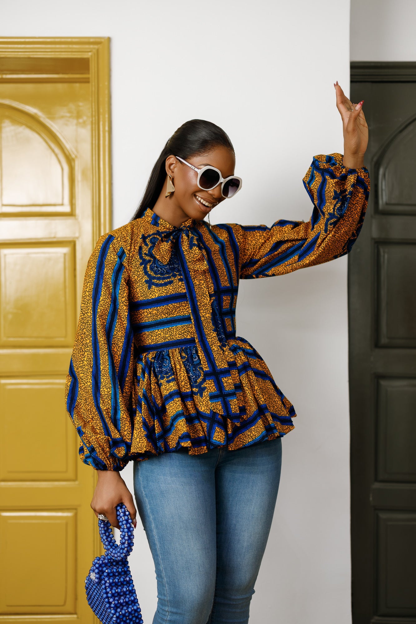 BIBI AFRICAN PRINT TIE NECK PEPLUM TOP [BLUE]