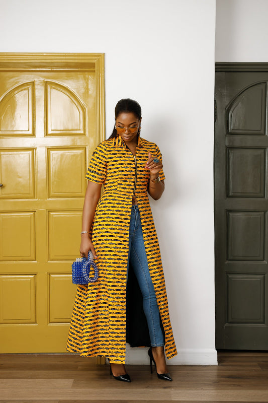 FOLA AFRICAN PRINT COLLARED ZIP FRONT TOP DRESS [YELLOW]