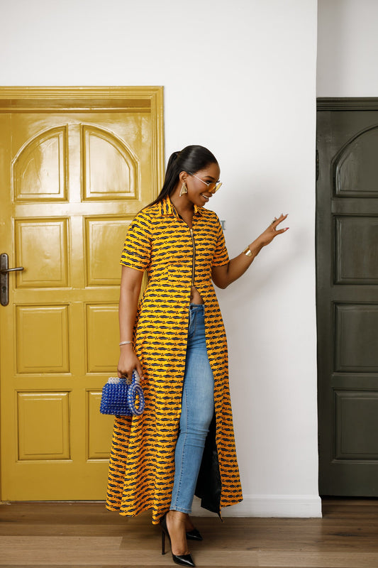 FOLA AFRICAN PRINT COLLARED ZIP FRONT TOP DRESS [YELLOW]