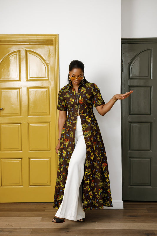 FOLA AFRICAN PRINT COLLARED ZIP FRONT TOP DRESS