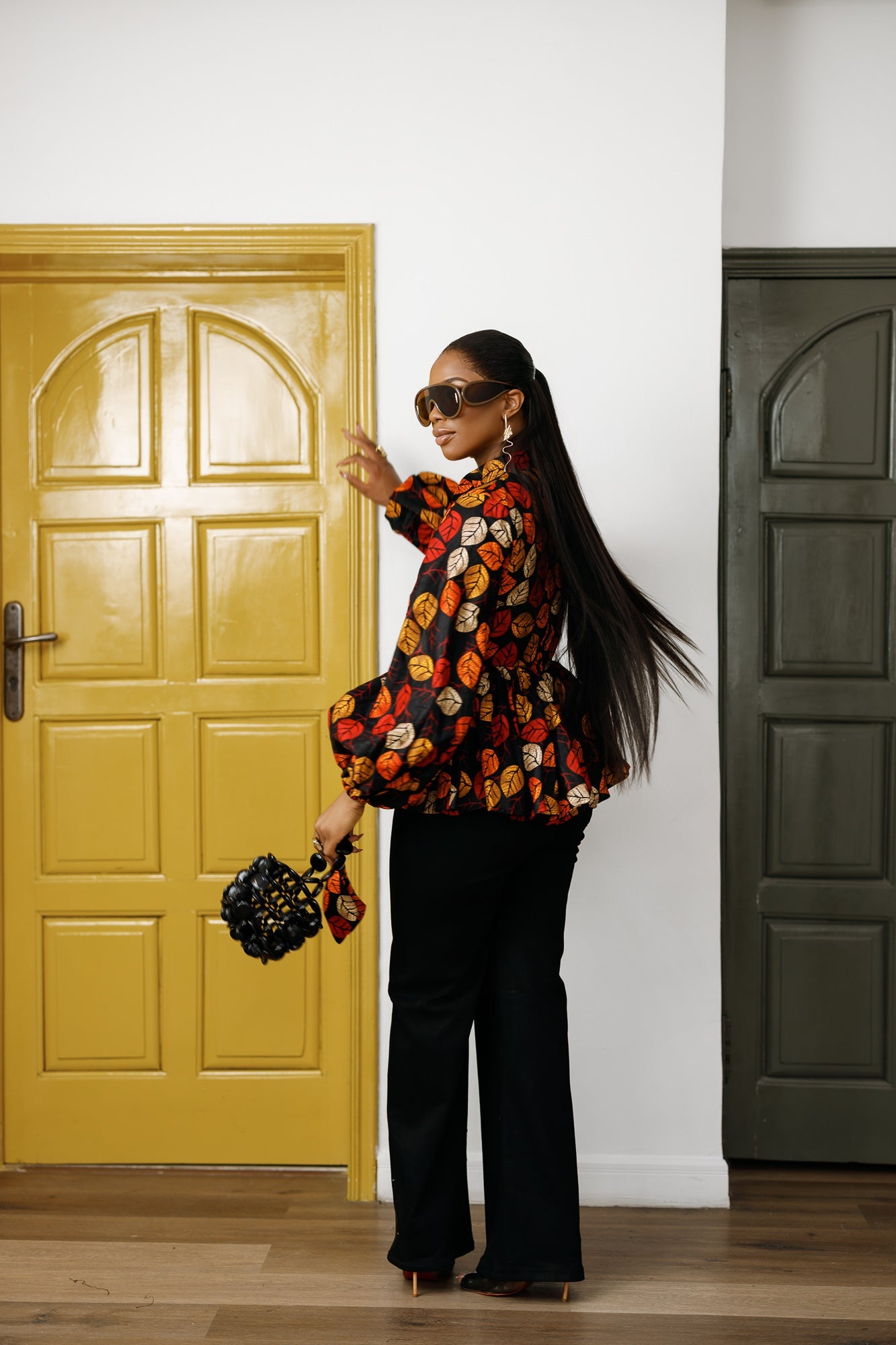 BIBI AFRICAN PRINT TIE NECK PEPLUM TOP [FLORAL]