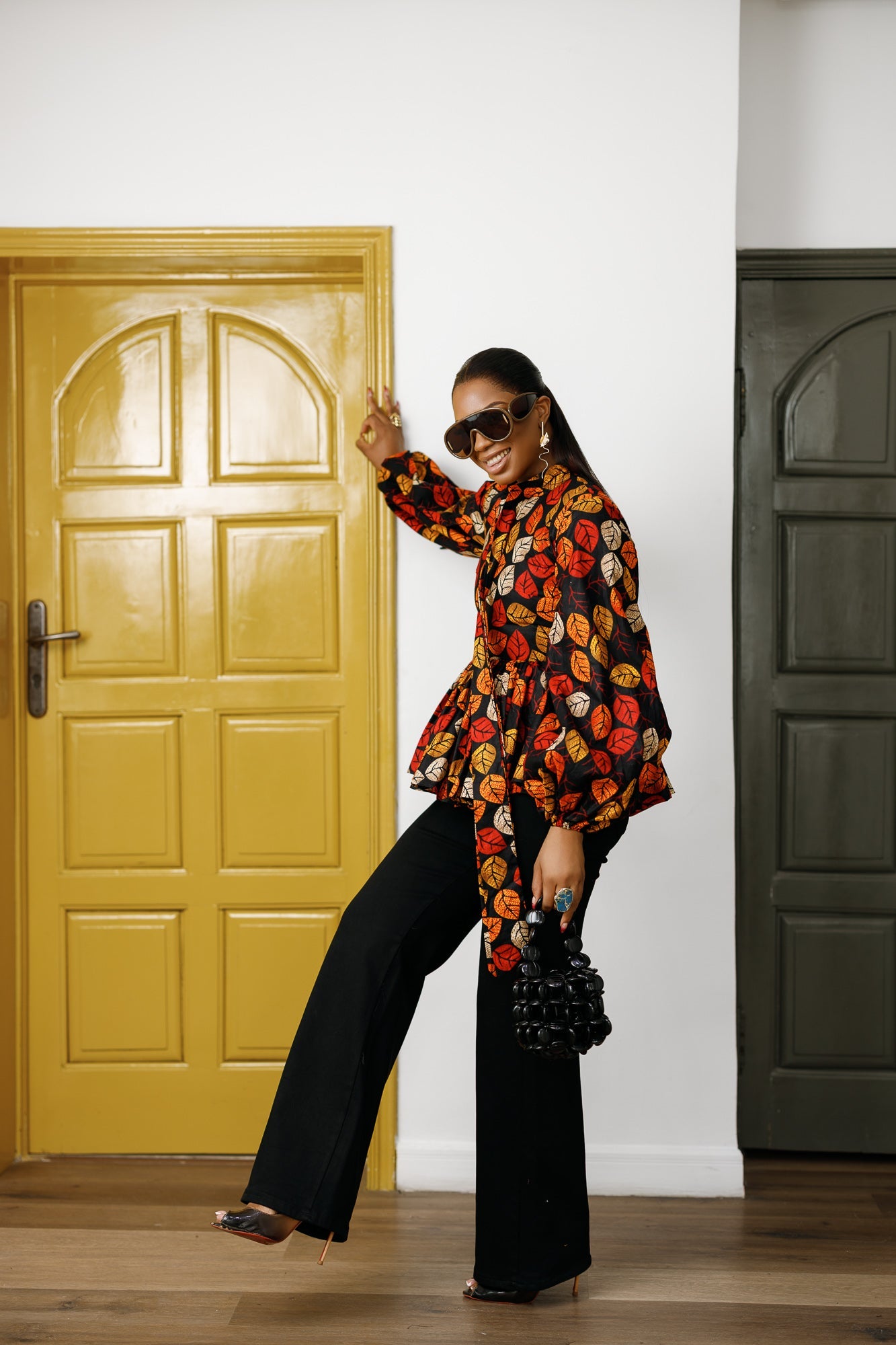 BIBI AFRICAN PRINT TIE NECK PEPLUM TOP [FLORAL]