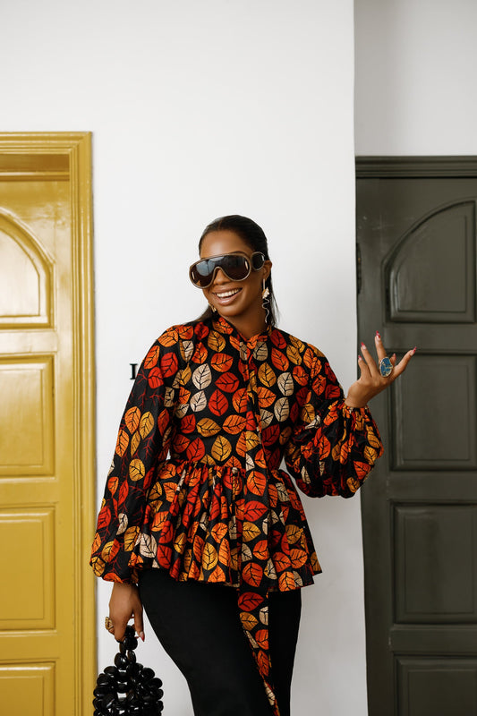 BIBI AFRICAN PRINT TIE NECK PEPLUM TOP [FLORAL]
