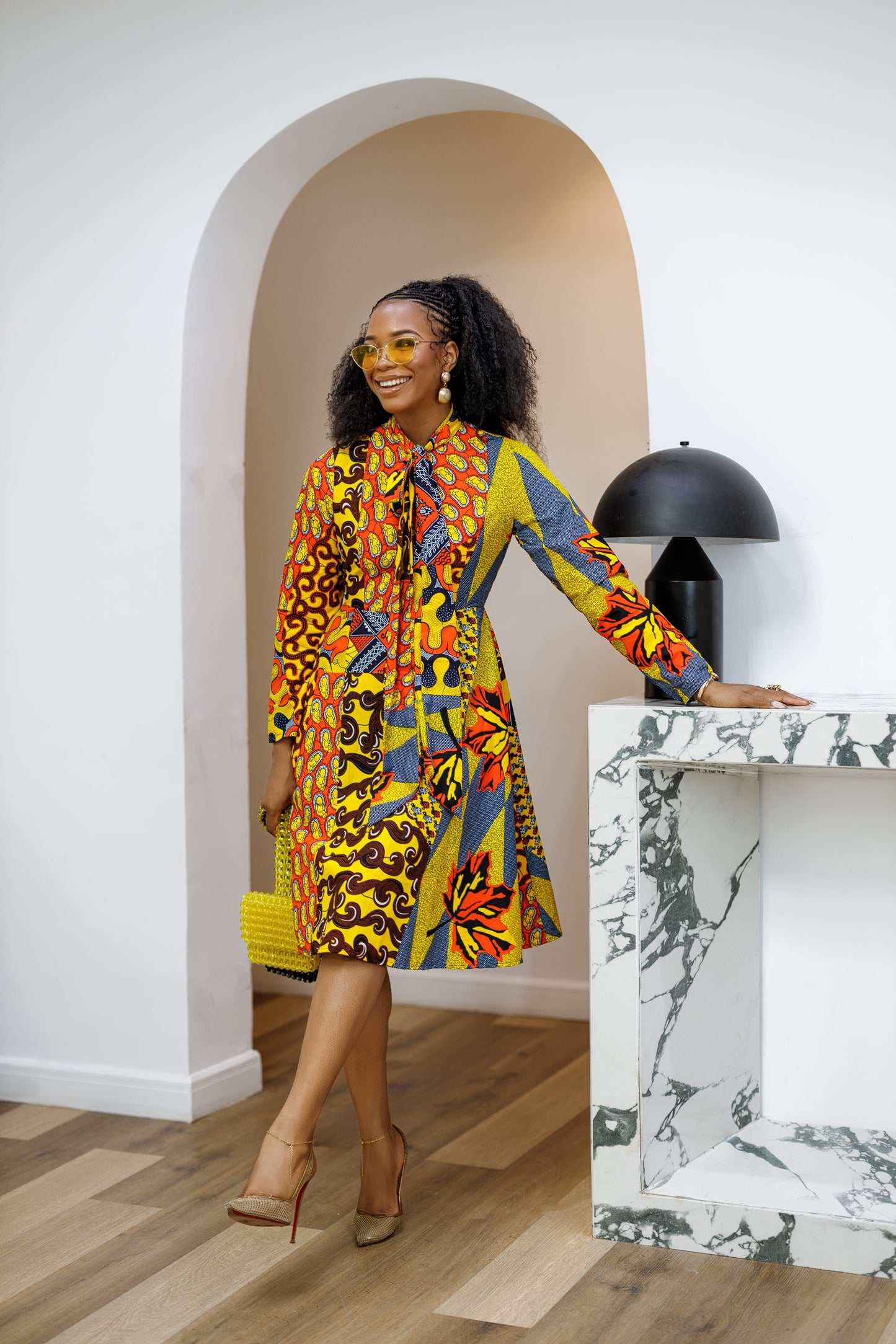 GILDA AFRICAN PRINT TIE-NECK MIDI DRESS [PATCHWORK]