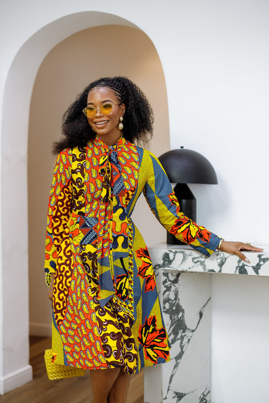GILDA AFRICAN PRINT TIE-NECK MIDI DRESS [PATCHWORK]