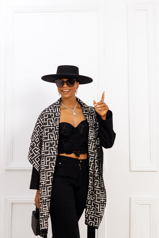 DONNA AFRICAN PRINT WOOL  PONCHO [BLACK]----FINAL SALE