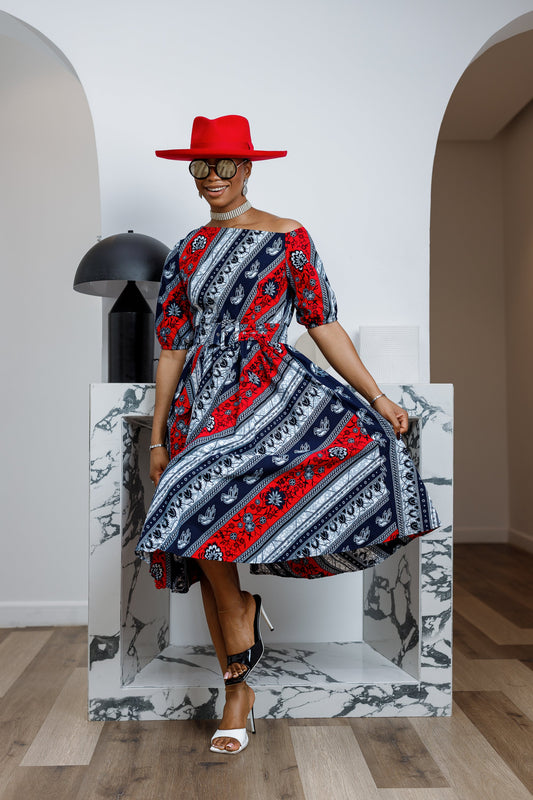 ROLU AFRICAN PRINT OFF SHOULDER DRESS [RED]----FINAL SALE