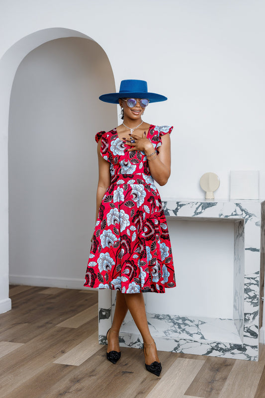 MALIKA AFRICAN PRINT FRILL SLEEVE DRESS [RED]