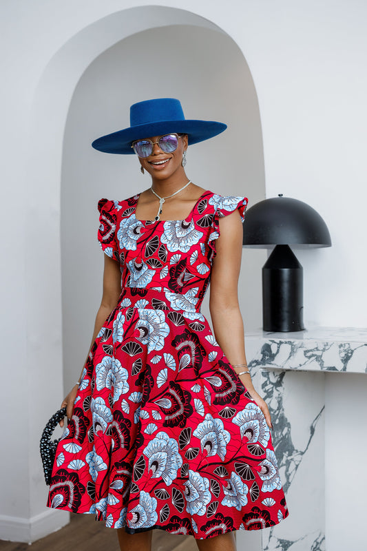MALIKA AFRICAN PRINT FRILL SLEEVE DRESS [RED]