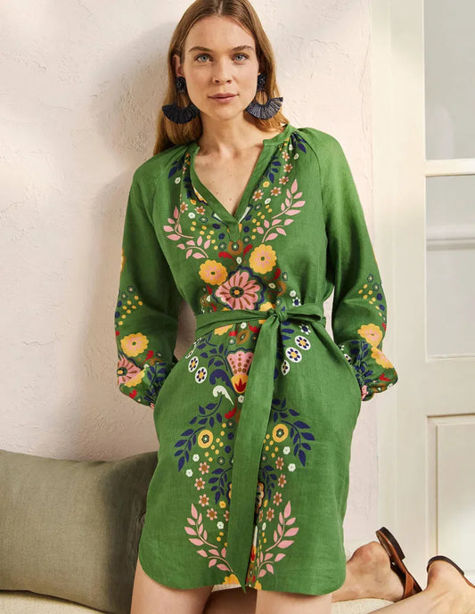 Boden Opulent Garden Print Green Linen Tunic Dress Size 10L