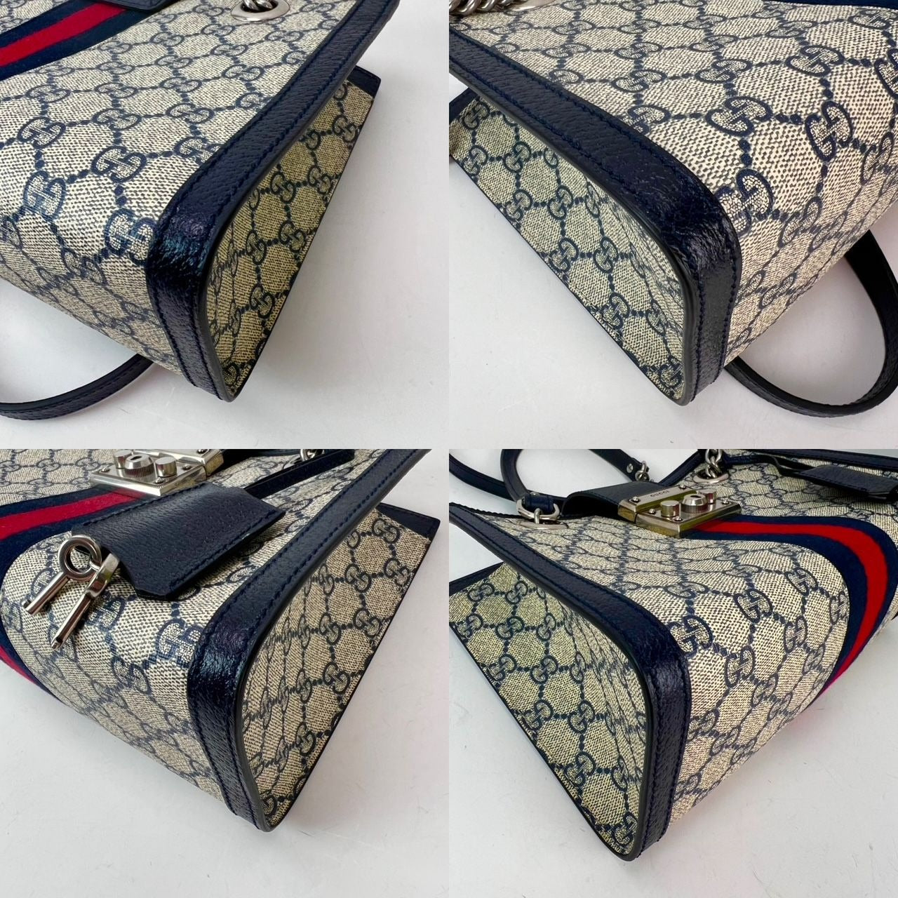 Gucci GG Supreme Dollar Calfskin Web Small Padlock Navy Tote