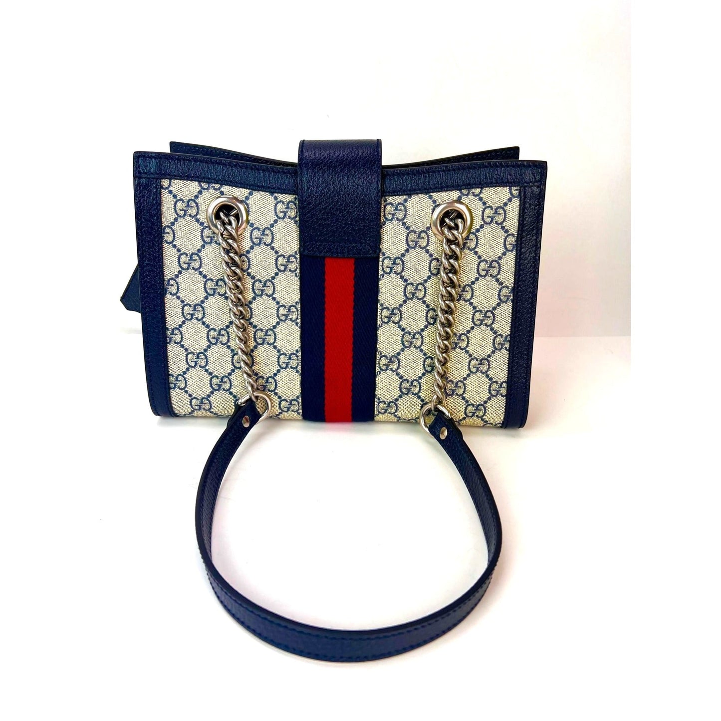 Gucci GG Supreme Dollar Calfskin Web Small Padlock Navy Tote