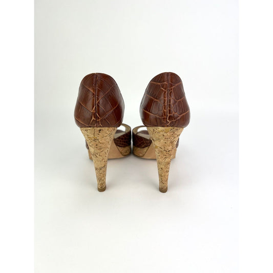 Oscar de la Renta Peep Toe Crocodile Cork Heel Shoe