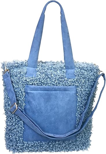 Curly Faux Fur Tote With Laptop Sleeve – Stone Blue