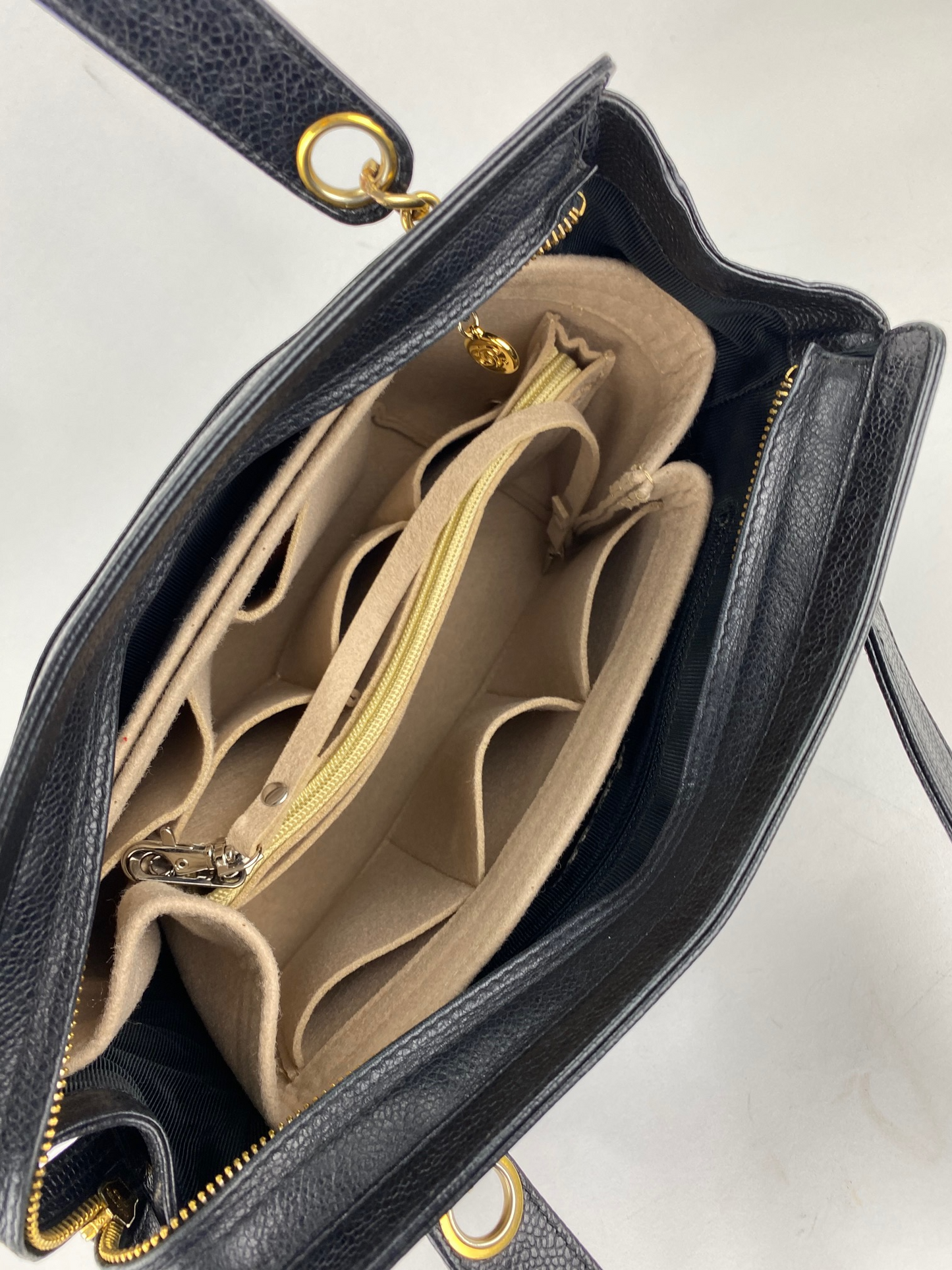 CHANEL Vintage Black Caviar Leather CC Zip Tote Shoulder Bag w/added insert  Pre owned