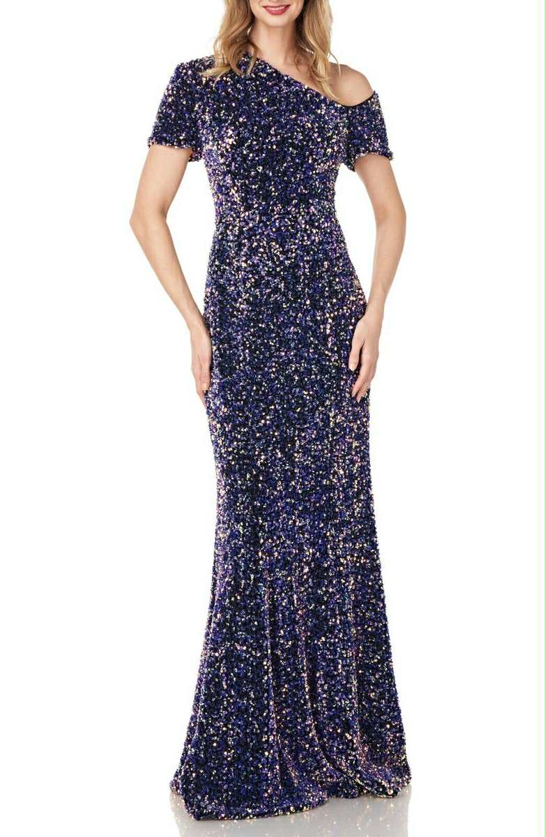 Ray Unger Hutton One-Shoulder Sequin Velvet Evening Gown Size 6