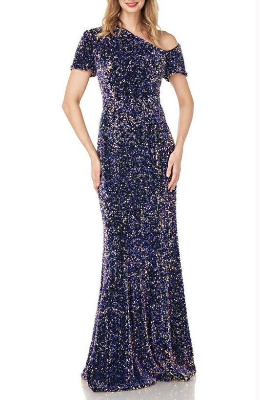 Ray Unger Hutton One-Shoulder Sequin Velvet Evening Gown Size 6