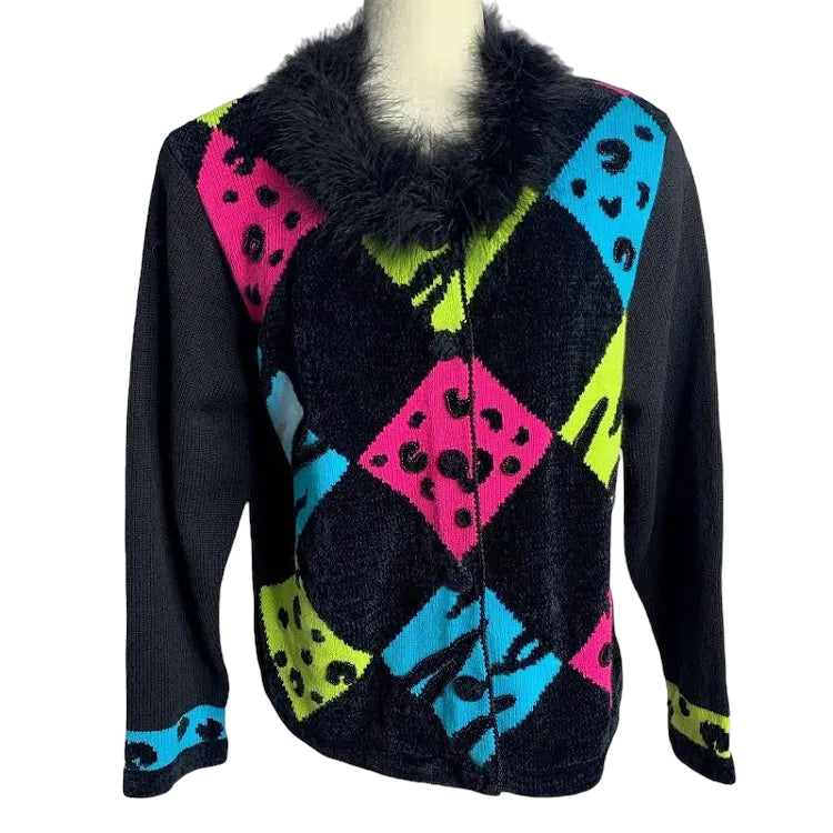 Jack B Quick Black Sweater Colorful Front Feather Collar Size 3X