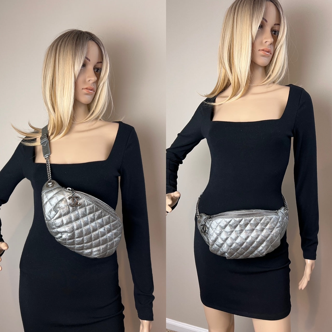 Chanel Metallic Dark Silver Calfskin Quilted Banane Fanny Pack Waist Bag