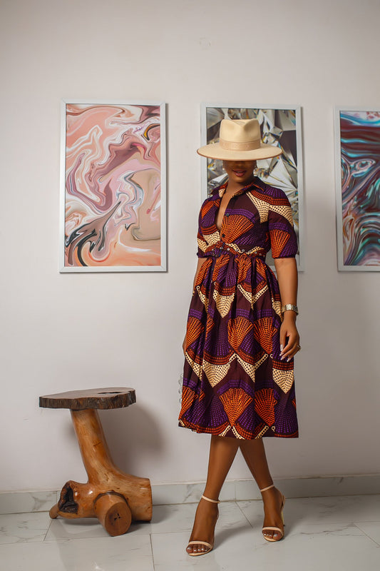 MOREMI AFRICAN PRINT BUTTON DOWN DRESS [PURPLE]