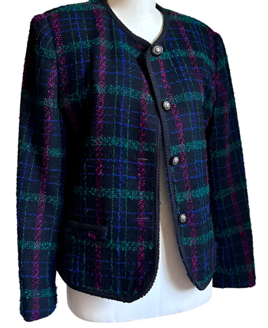 Vintage Casablanca Tweed Plaid Pink Blue Green Blazer Size 14 Large