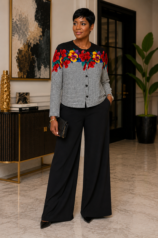 Adrianna Papell Silk Houndstooth and Floral Blouse