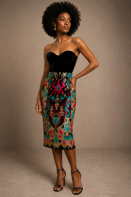 Naeem Khan Black Pink Green Sequined Pencil Below Knee Skirt Size 8