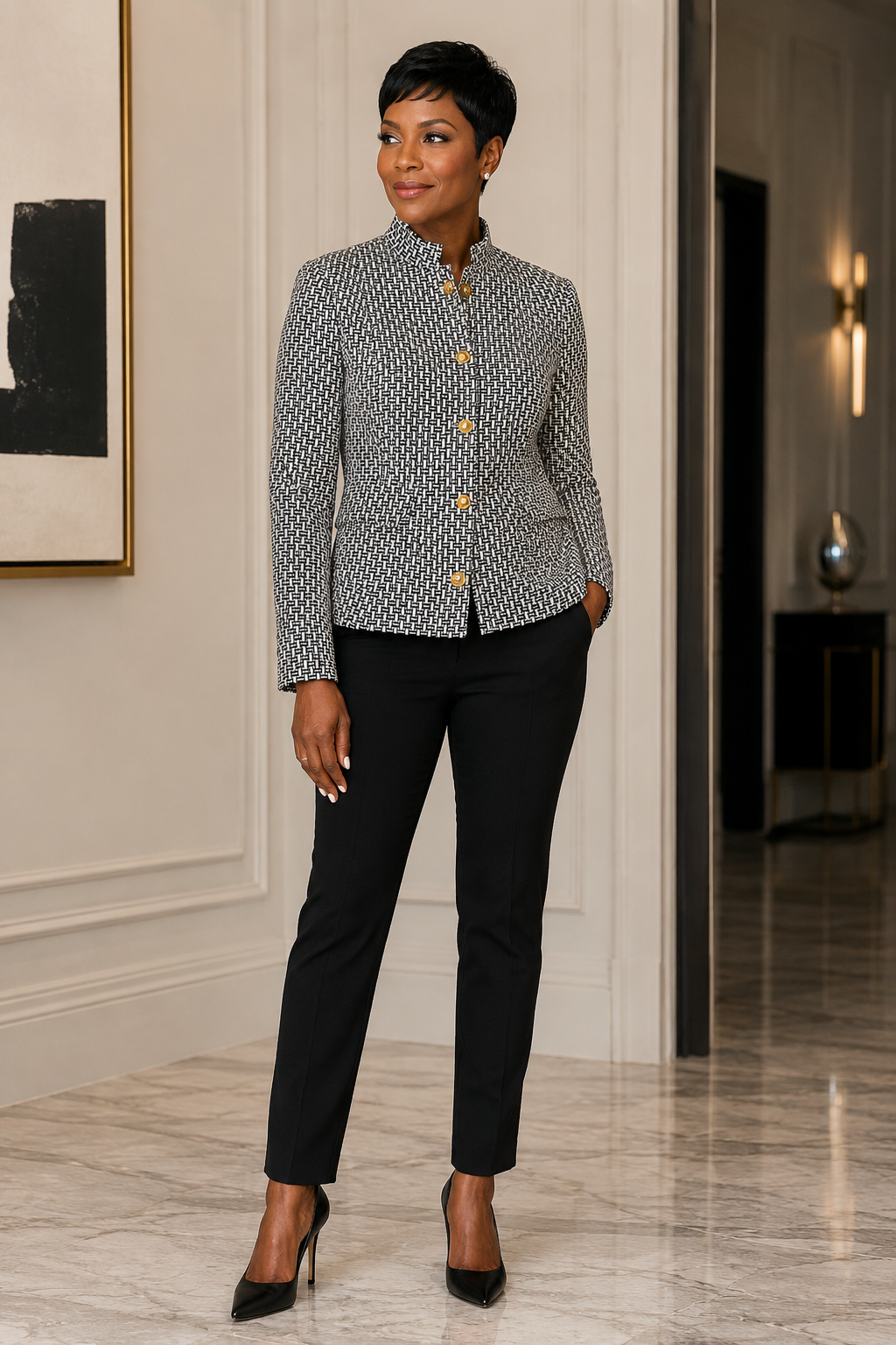 Tory Burch Cameron Jacket Crosshatch Print Ivory/Navy Size 10