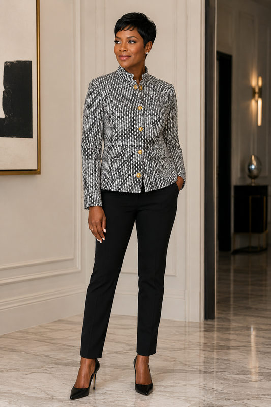 Tory Burch Cameron Jacket Crosshatch Print Ivory/Navy Size 10
