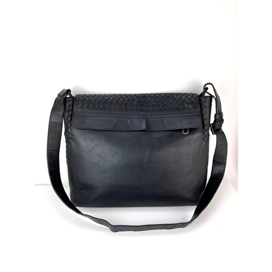 Bottega Veneta Intrecciato  Black Leather Messenger Bag