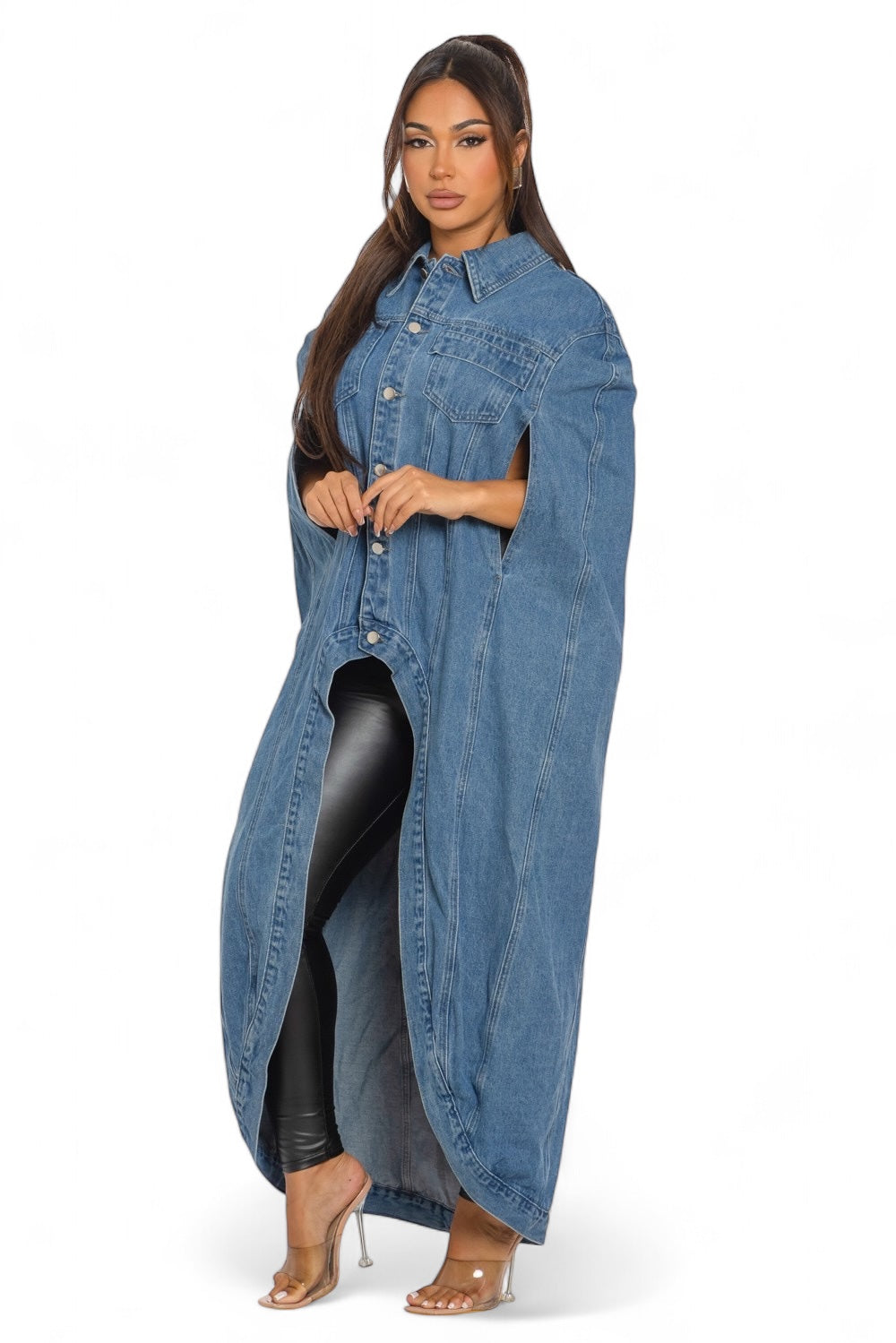 Denim Hi Low Poncho Long Cape Jacket