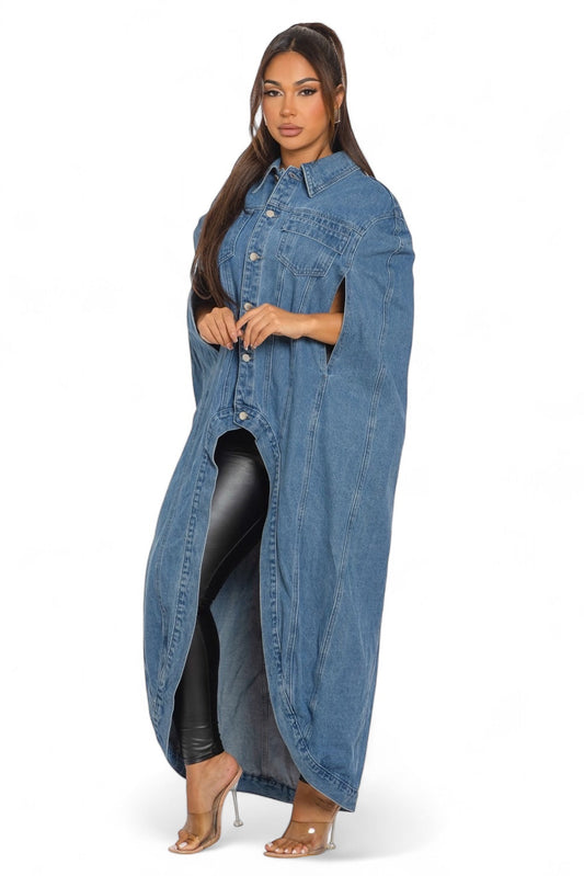 Denim Hi Low Poncho Long Cape Jacket