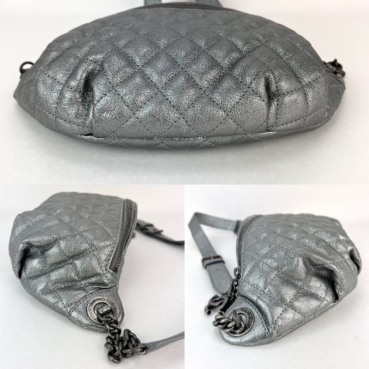 Chanel Metallic Dark Silver Calfskin Quilted Banane Fanny Pack Waist Bag