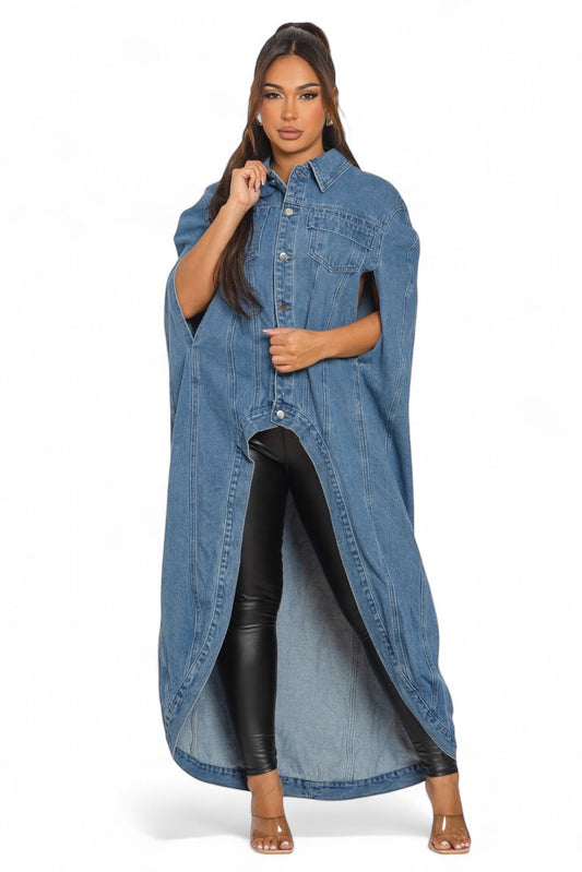 Denim Hi Low Poncho Long Cape Jacket