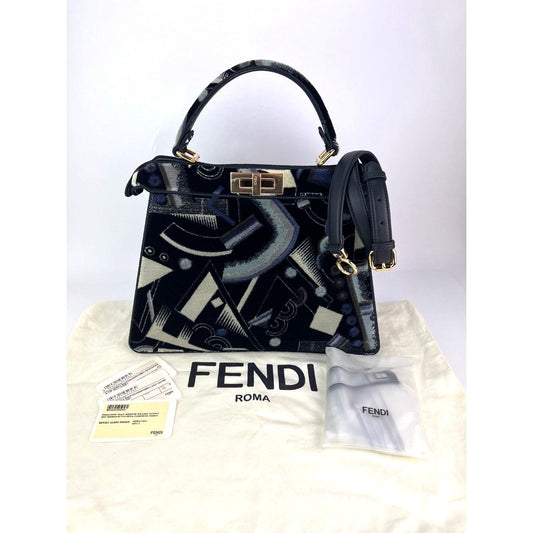Fendi Peekaboo I see u Medium Printed Velvet Black Blue Satchel Shoulder Bag