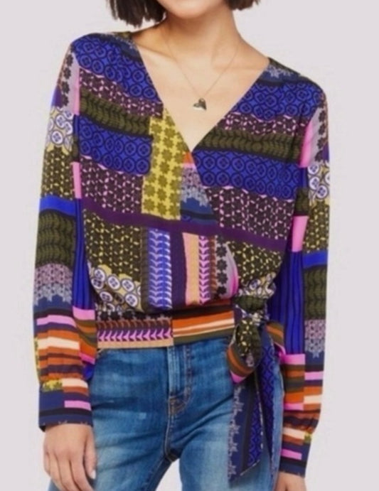 Peyton Jensen Evereve Cora Patchwork V-Neck Tie Long Sleeves Wrap Top Size Large