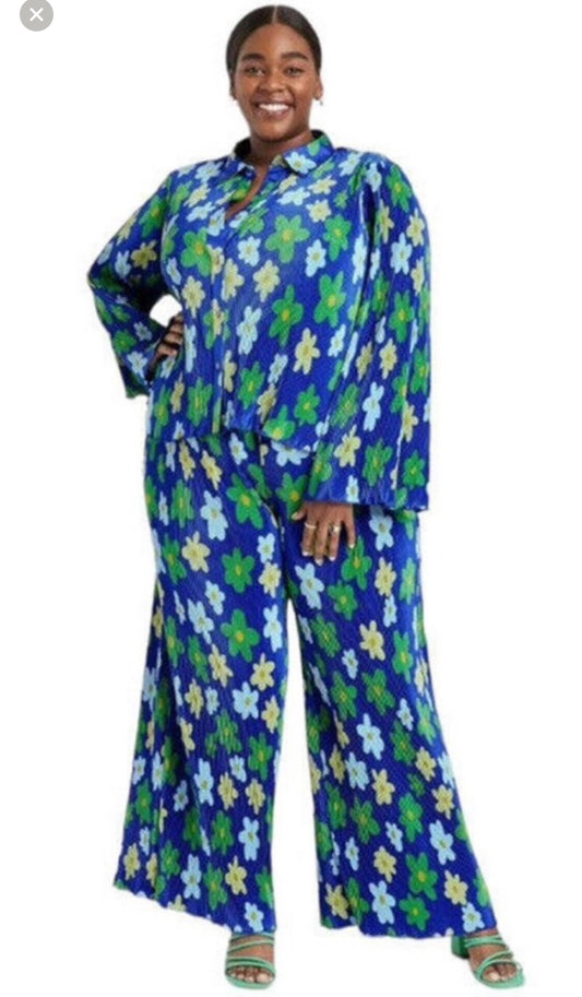 Sammy B Blue Flower Power Wide Leg Pleated Trousers Size XXLarge