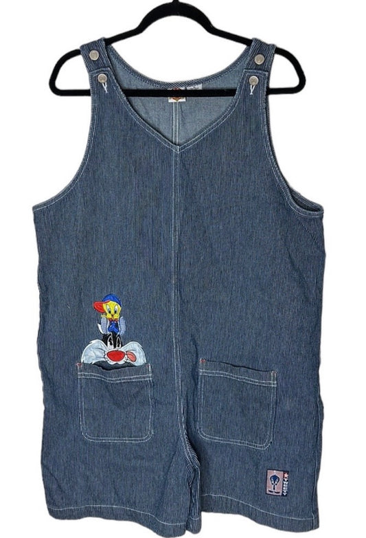Looney Tunes Tweety Sylvester Embroidered Blue Denim Overall Romper
