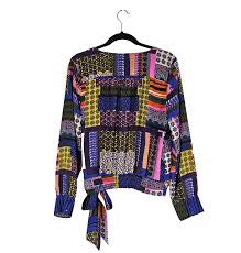 Peyton Jensen Evereve Cora Patchwork V-Neck Tie Long Sleeves Wrap Top Size Large