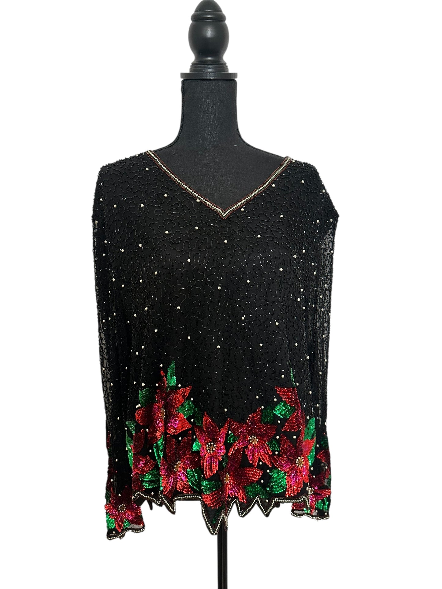 Laurence Kazar  Poinsettia Sequin Beaded Blouse (Signs of Wear) Size 2X